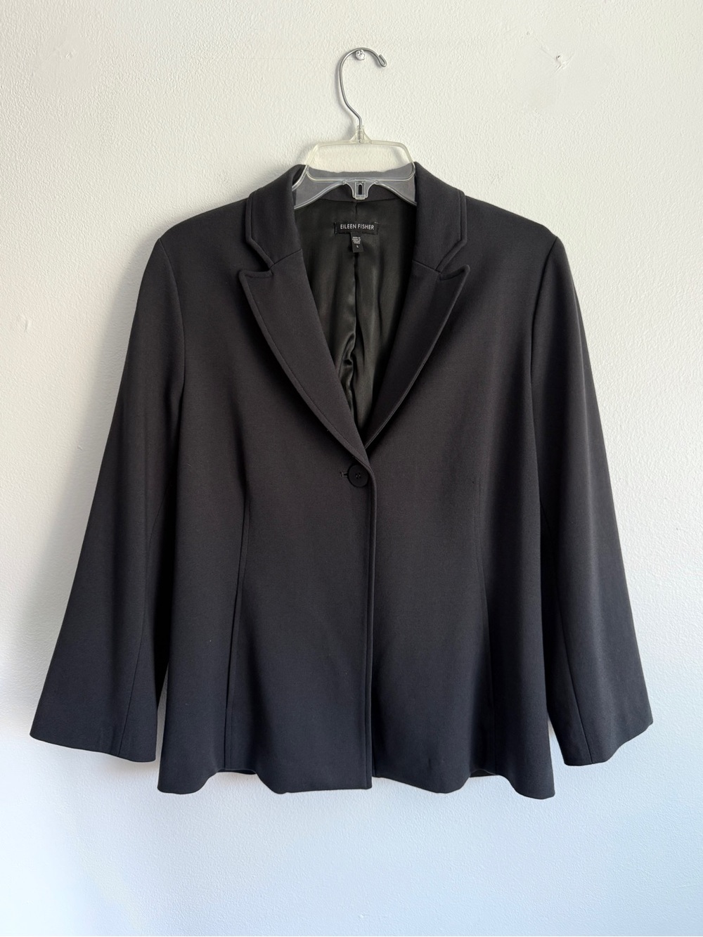 Eileen Fisher Gray Stretch Viscose Silk Lined One Button Blazer Jacket Size L